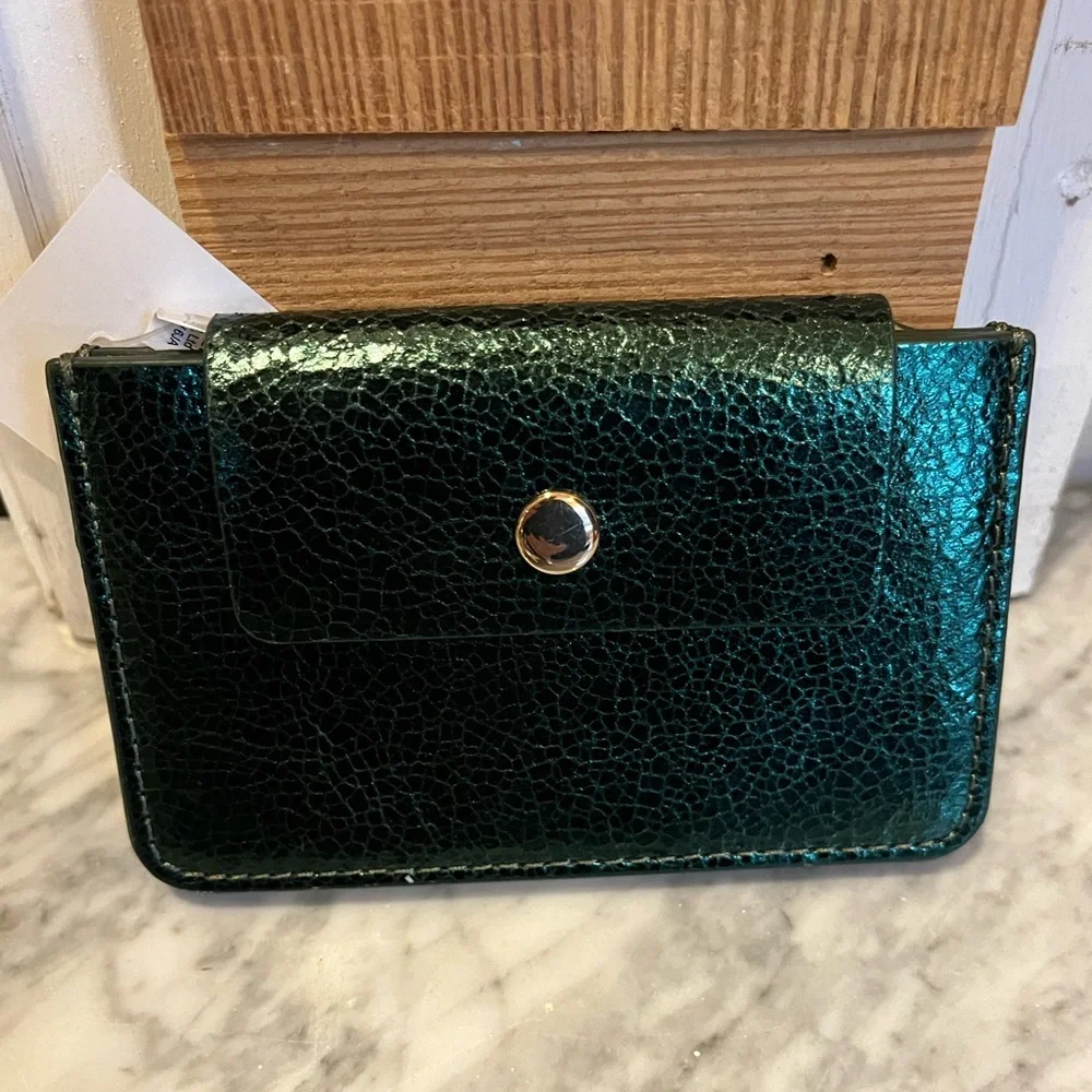 J. Crew metallic green card holder, NWT